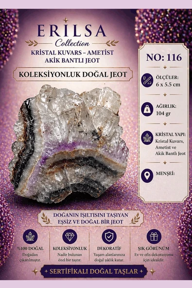 Sertifikalı Kristal Kuvars Ametist Akik Bantlı Jeot Koleksiyonluk Doğal Taş Dekoratif Obje NO116 ürün görseli 1