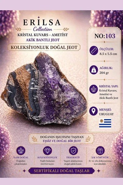 Sertifikalı Kristal Kuvars Ametist Akik Bantlı Jeot Doğal Taş Koleksiyonluk 8.5x5.5 cm 204 gr NO103 ürün görseli 1