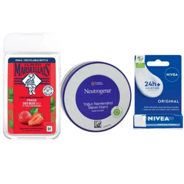 Le Petit Duş Jeli Çilek 250 ml + Neutrogena Yoğun Nemlendirici Bakım Kremi 200 ml + Nivea Original Care Renksiz Dudak Bakım Kremi ürün görseli 1