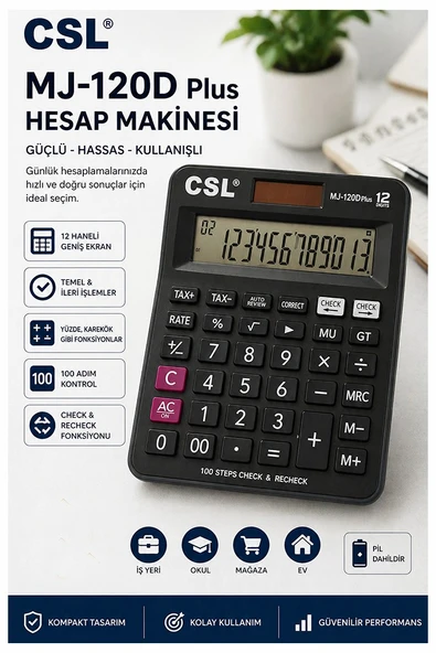 Hesap Makinesi Siyah 12.5x14.5 cm 1 Adet Csl Mj-120D Plus 12 Haneli Orta Boy Hafızalı Büro Masaüstü Hesap Makinası ürün görseli 1