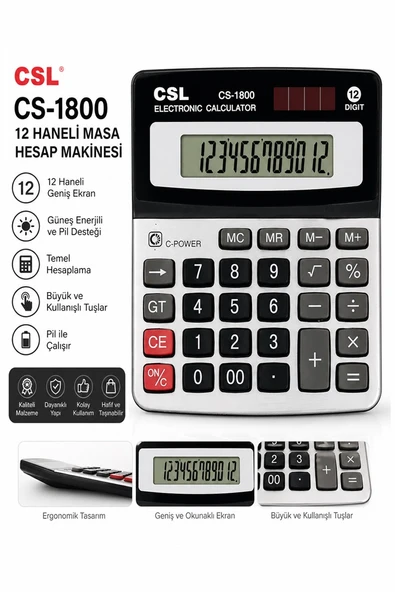 Hesap Makinesi Gri Siyah 11.5x14 cm 1 Adet Csl Cs-1800 12 Haneli Orta Boy Ofis Büro Masaüstü Hesap Makinası ürün görseli 1
