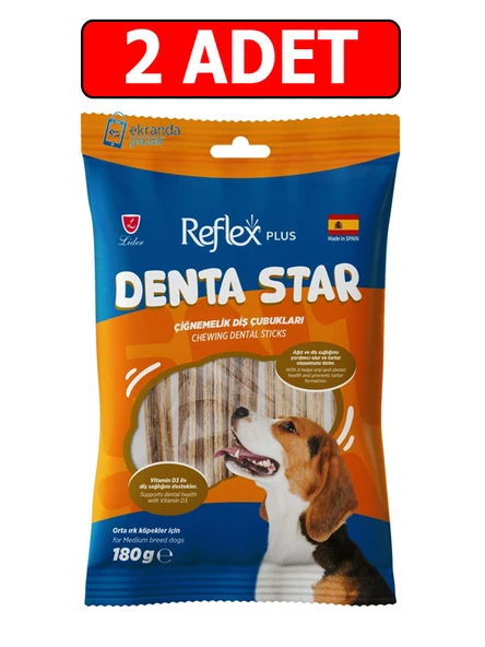 Reflex plus denta star çiğnemelik diş çubukları 2adet 180gr diş sağlığı destekleyici orta ırk köpek ödül maması ürün görseli 1