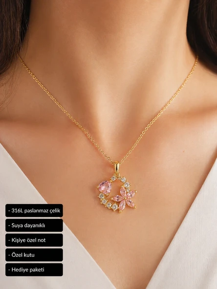 Pembe Taşlı Çiçek Kadın Kolye 316L Paslanmaz Çelik Hediye ürün görseli 1