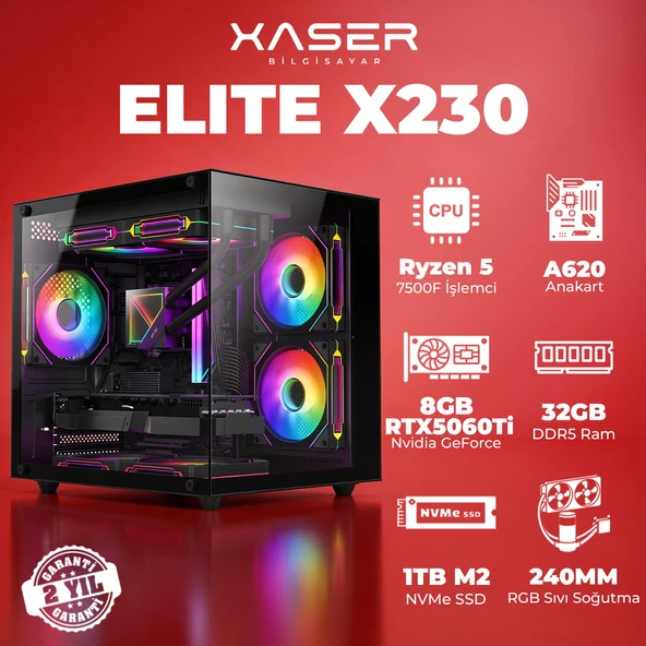 Xaser Elite X230 Ryzen 5 7500F 32GB DDR5 Ram 1TB M.2 NVMe SSD 8GB RTX5060 Ti Masaüstü Oyuncu Bilgisayarı ürün görseli 1