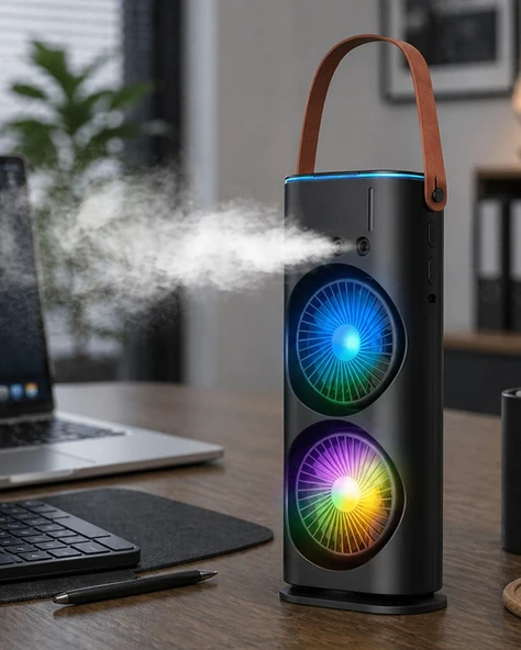 Çift Başlıklı Taşınabilir Fan RGB Işıklı Sprey Nemlendiricili Masaüstü Serinletici Fan ürün görseli 1
