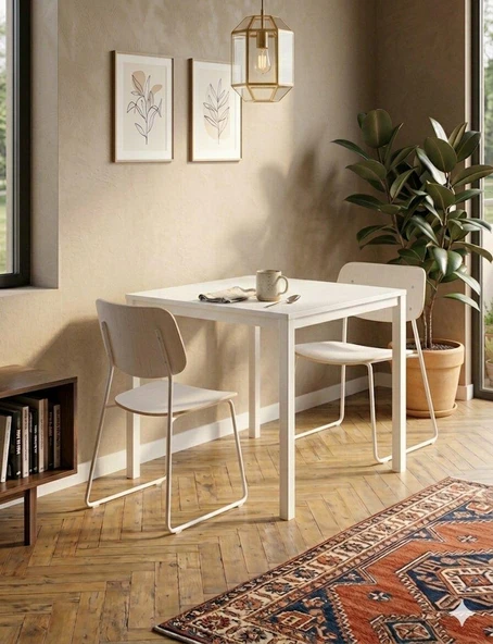 Kompakt Yemek Masası 88x60 Beyaz Metal Ayak ve Beyaz Tabla ürün görseli 1