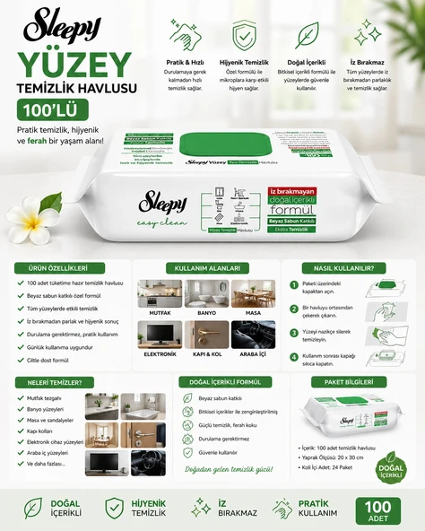 Sleepy Yüzey Temizlik Havlusu 100'lü 1 Paket ürün görseli 1