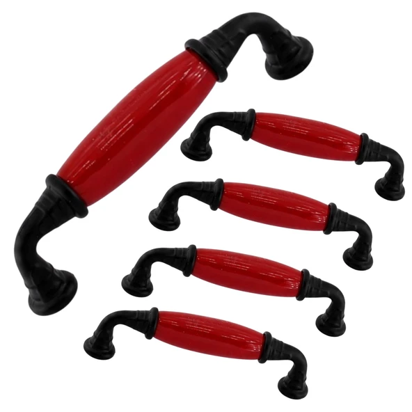 (5 Adet) Lumira Kırmızı Porselen Siyah Kulp 96 mm 9.6 cm Mobilya Çekmece Dolab Dolap Kapak Kulb Kulp ürün görseli 1
