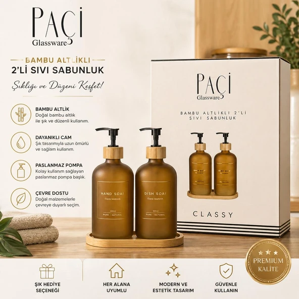 Bambu Altlıklı 2’li Cam Sıvı Sabunluk Seti ürün görseli 1