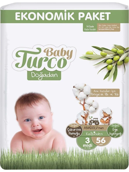 Baby Turco Doğadan Ekonomik Paket Midi 3 Beden Bebek Bezi 56 Adet ürün görseli 1
