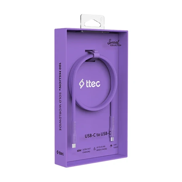 Ttec USB-C - USB-C 120cm 60W PD/QC Hızlı Şarj/Data Kablosu Neon Mor ürün görseli 1