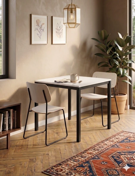Minimal Yemek Masası 72x88 cm – Beyaz Tabla Siyah Metal Ayak Mutfak Masası ürün görseli 1