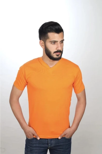 Mona Group Kısa Kol V Yaka Düz Günlük Stil 100% Pamuk Giyim T-Shirt Turuncu - Turuncu - ASTPSUTUSHFRTQ-TUR-YET ürün görseli 1