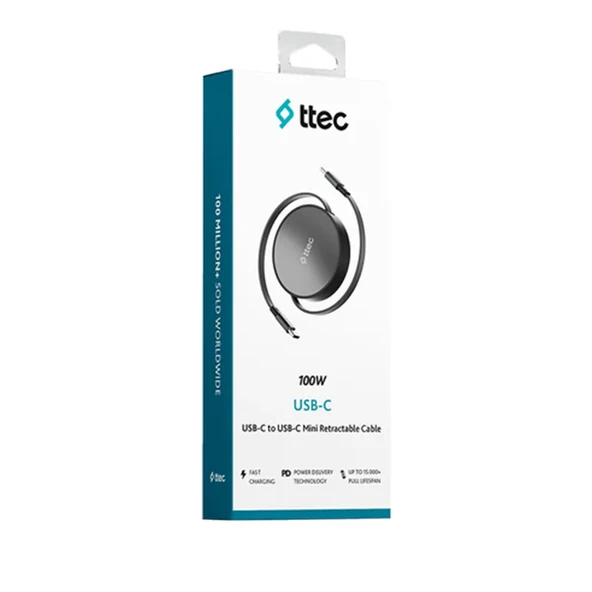 Ttec USB-C - USB-C Mini Makaralı 100W PD/QC 120cm Hızlı Şarj Kablosu Uzay Siyahı ürün görseli 1