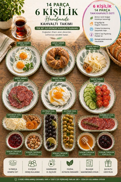 14 Parça 6 Kişilik Handmade Yaz Desen Kahvaltı Takımı - Lüx Kahvaltılık Sunum Seti ürün görseli 1