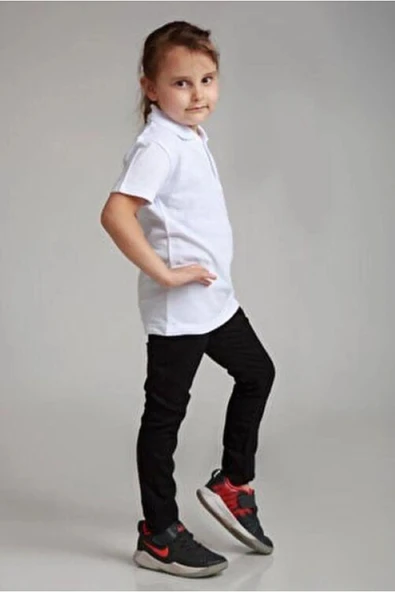 Queenchic Kısa Kol Polo Yaka Okul Ve Günlük 2 Düğmeli Beyaz Çocuk T-shirt - Beyaz ürün görseli 1