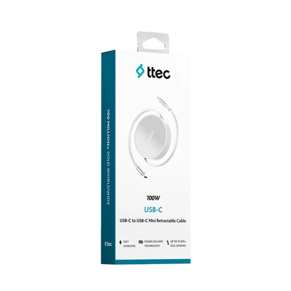 Ttec USB-C - USB-C Mini Makaralı 100W PD/QC 120cm Hızlı Şarj Kablosu Ay Parıltısı ürün görseli 1
