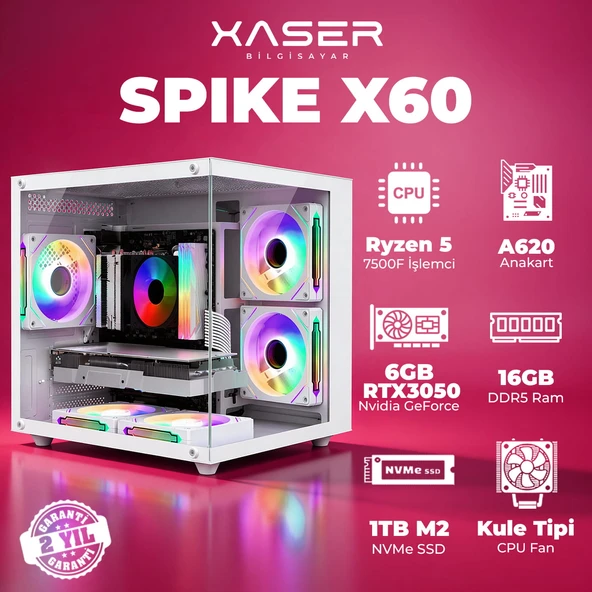 Xaser Spike X60 Ryzen 5 7500F 16GB DDR5 Ram 1TB M.2 NVMe SSD 6GB RTX3050 Masaüstü Oyuncu Bilgisayarı ürün görseli 1