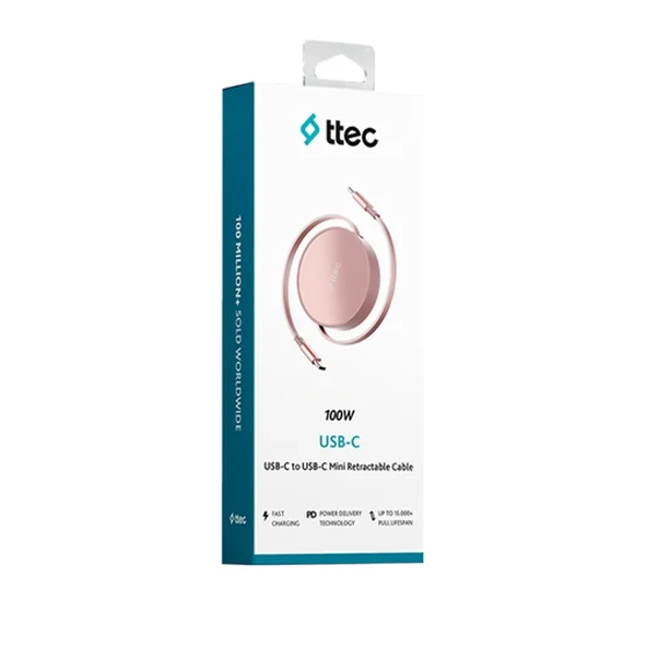 Ttec USB-C - USB-C Mini Makaralı 100W PD/QC 120cm Hızlı Şarj Kablosu Günbatımı Işıltısı ürün görseli 1