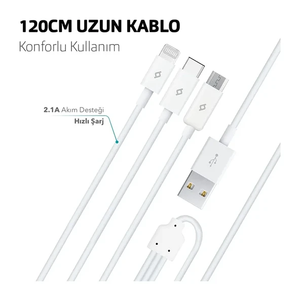 Ttec 2Dk7521 Trio Şarj Kablosu Typec,Lightning,Micro Usb Beyaz - Resim 2