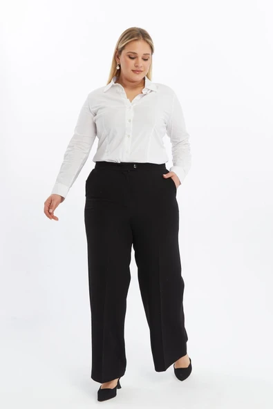 Apsen Collection Apsen Kadın Siyah Yuksek Bel Cep Detaylı Geniş Paça Dokuma Kumaş Pantolon 370-105 ürün görseli 1