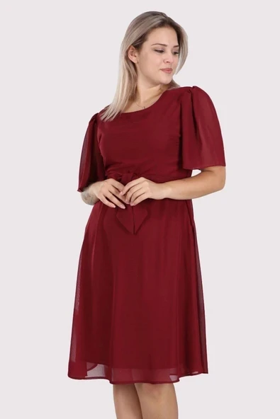 Arseno Kadın Kuşak Bağlamalı Bisiklet Yaka Şifon Bordo Midi Elbise - Bordo - ARSNO42R57N-1J10-38BRD ürün görseli 1