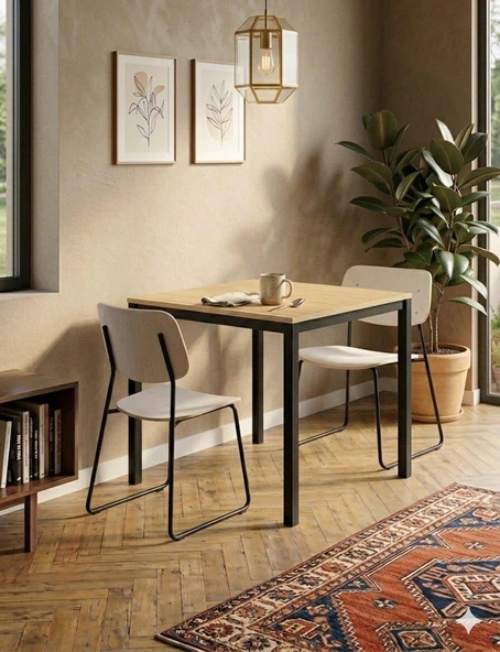 Modern Mutfak Masası 72x88 cm – Siyah Metal Ayaklı Meşe Tabla Kompakt Tasarım ürün görseli 1
