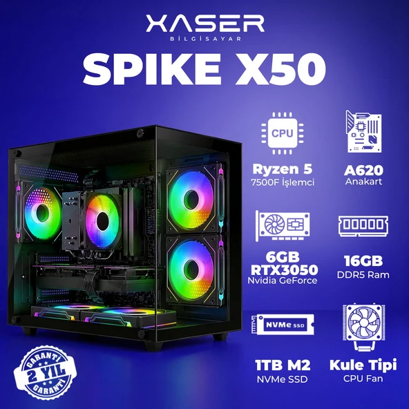 Xaser Spike X50 Ryzen 5 7500F 16GB DDR5 Ram 1TB M.2 NVMe SSD 6GB RTX3050 Masaüstü Oyuncu Bilgisayarı ürün görseli 1
