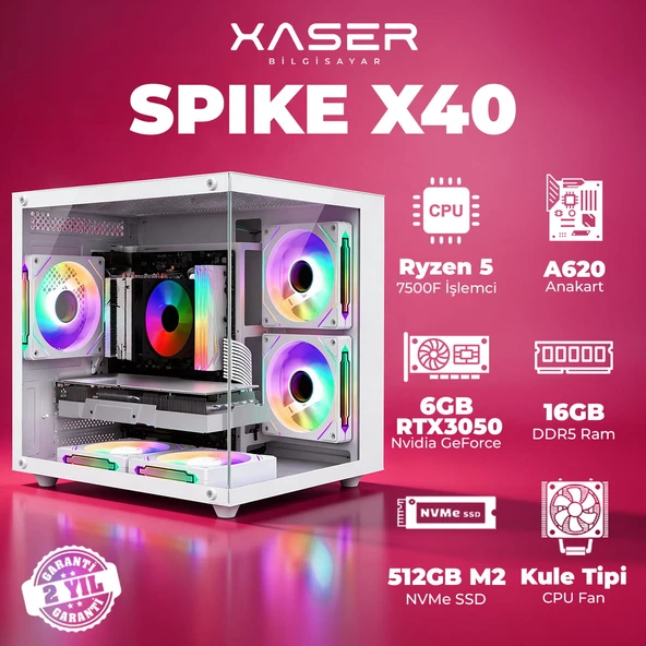 Xaser Spike X40 Ryzen 5 7500F 16GB DDR5 Ram 1TB M.2 NVMe SSD 6GB RTX3050 Masaüstü Oyuncu Bilgisayarı ürün görseli 1