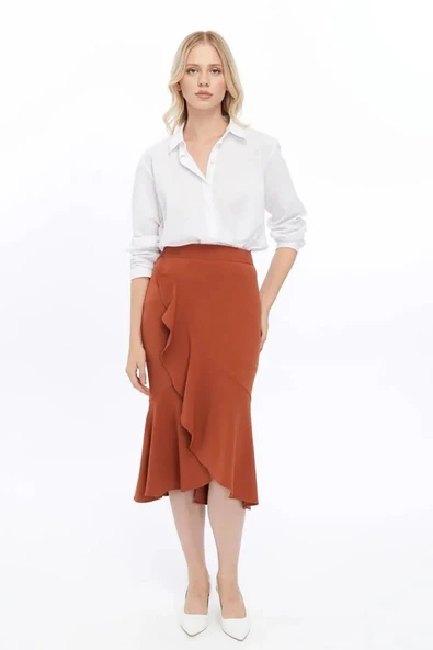 Apsen Collection Apsen Kadın Kiremit Mevsimlik Volanlı Midi Boy Krep Etek 2123-80 ürün görseli 1