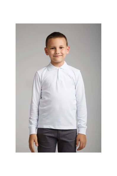 Astra Plus Çocuk Polo Yaka Günlük-Okul Çift Düğme Beyaz T-Shirt Uzun Kol - Beyaz - ASTPSAKR-PAO-JUZ-CO-BE ürün görseli 1