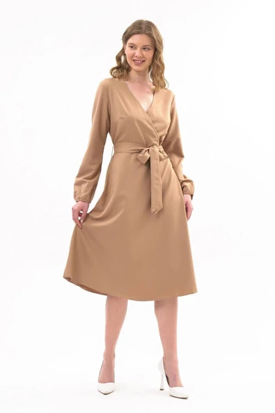 Arseno Kadın Bel Bağlamalı V Yaka Camel Rahat Midi Elbise Büyük Beden - Krem - ARSNO43T38R-1P10-48BTL-CAM ürün görseli 1