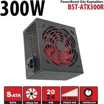 PowerBoost BST-ATX300R 300w, PPFC 12cm Kırmızı Fanlı ATX PSU (Retail Box) Güç Kaynağı ürün görseli 1