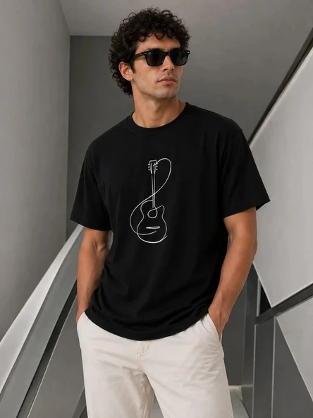 Erkek Minimal Gitar Baskılı Tişört T-Shirt Yazlık Kısa Kol Bisiklet Yaka T-Shirt - Siyah ürün görseli 1