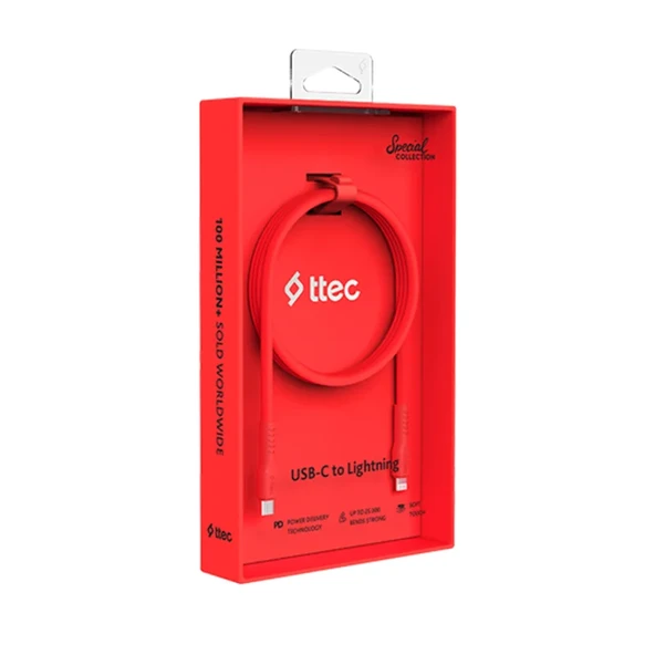 Ttec USB-C - Lightning Hızlı Şarj Kablosu 120cm Neon Kırmızı ürün görseli 1