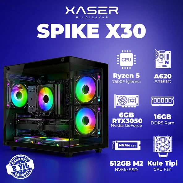 Xaser Spike X30 Ryzen 5 7500F 16GB DDR5 Ram 1TB M.2 NVMe SSD 6GB RTX3050 Masaüstü Oyuncu Bilgisayarı ürün görseli 1