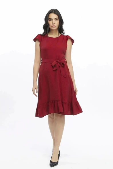 Arseno Kadın Bordo Sıfır Kol Omuz Detaylı Fırfırlı Kol Pileli Midi Elbise - Bordo - ARSNO38X86Z-1B00-38BRD ürün görseli 1