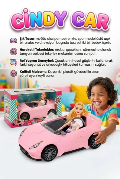 Cindy'nin Arabası! 2 Parçalı Kıyafetli Bebekli ve Pembe Şık Spor Arabalı Evcilik Oyun Seti ürün görseli 1