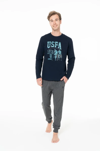 U.S. Polo Assn. Erkek Paça Lasiktli Baskılı Lacivert Pijama Takımı - Lacivert - ARSNO18J95X5-LLAC ürün görseli 1