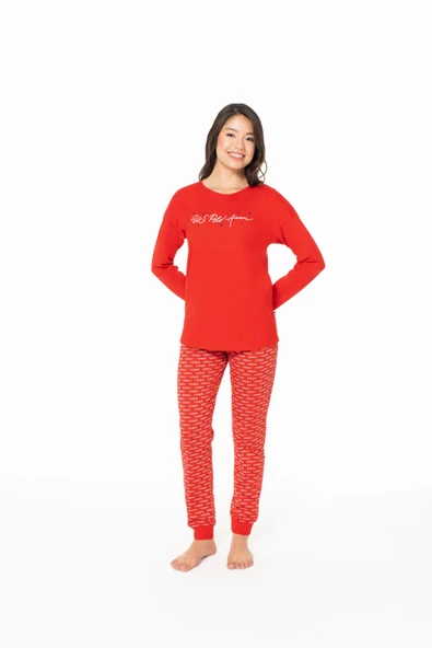 U.S. Polo Assn. Kadın %100 Pamuk Desenli Rahat Paça Lastikli Pijama Takımı Kırmızı - Kırmızı - ARSNO20E14N7-WKIR ürün görseli 1