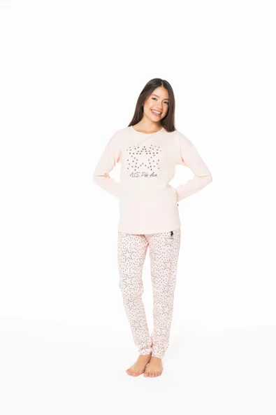 U.S. Polo Assn. Kadın %100 Pamuklu Yıldız Desenli Bisiklet Yaka Pijama Takımı Somon - Somon - ARSNO20W16X3-YSOM ürün görseli 1