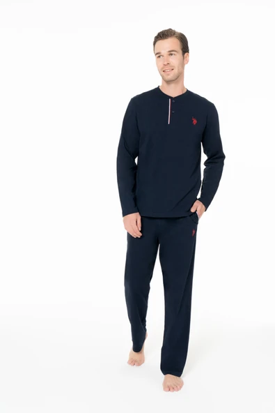 U.S. Polo Assn. Erkek Konforlu %100 Pamuk Yaka Düğmeli Lacivert Pijama Takımı - Lacivert - ARSNO18A95F9-KLAC ürün görseli 1