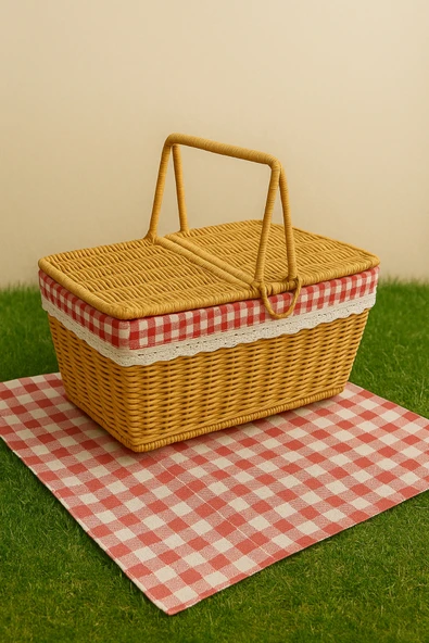 Picnic Hasır Dikdörtgen Piknik Sepeti - Resim 2