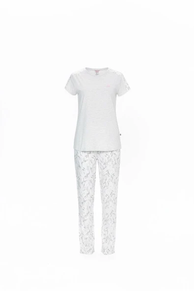 Arseno Kadın Desenli Bisiklet Yaka Kısa Kol Uzun Eşofmanlı Bej Pijama Seti - Bej - ARSNOBIPZ2O00N63-BEJ ürün görseli 1