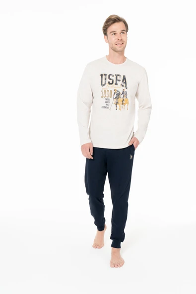 U.S. Polo Assn. Erkek Paça Lasiktli Baskılı Bej Pijama Takımı - Bej - ARSNO18T95R5-PBEJ ürün görseli 1