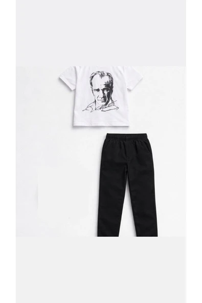 Arseno Erkek Çocuk Siyah Pantolon Beyaz Atatürk Tshirt Özel Gün Takım - Siyah - ARSNOSIOYAVHPCNTATATURK ürün görseli 1