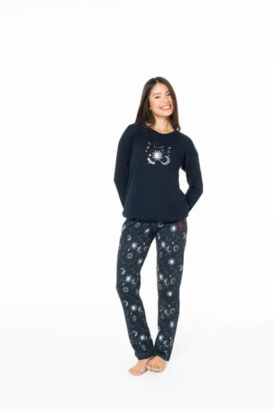 U.S. Polo Assn. Kadın %100 Pamuk Ay Desenli Pijama Takımı Düz Paça Lacivert - Lacivert - ARSNO20V15V5-VLAC ürün görseli 1