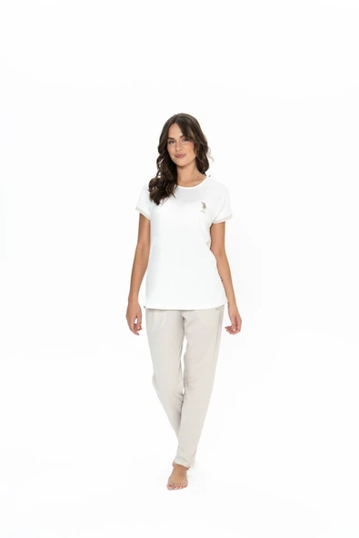 U.S. Polo Assn. U.S. Polo Assn. Kadın Homewear Ekru Fit Basic Pijama Seti - Ekru - ILC2.20N04B8PPIJ-EK ürün görseli 1