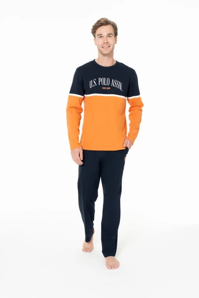 U.S. Polo Assn. Erkek Renk Bloklu Şerit Detaylı %100 Pamuk Turuncu Ev Pijama Takımı - Turuncu - ARSNO18N95F2-XTUR ürün görseli 1