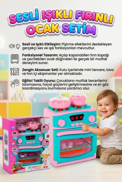 Fırınlı Ocağım! Sesli Işıklı Pilli Açılabilir Kapaklı İnteraktif Ocaklı Aksesuarlı Oyuncak Seti ürün görseli 1